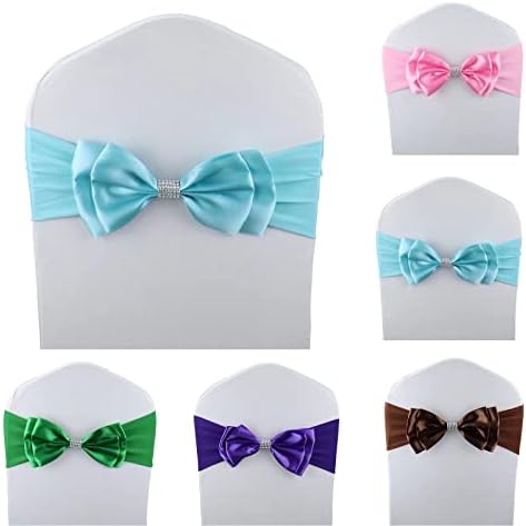 100 PCS Double Bows Stretch Chair Sashes, for Wedding Party Chair Cover Decoration, Spandex Stretch Chairs Bands (Pack of 100 Light Blue) - Image 2
