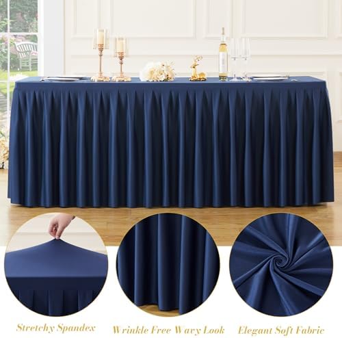 8 Pack Navy Blue Rectangle Tablecloth 8 FT Stretch Spandex Fitted Table Cloth for 8 Foot Rectangle Tables Banquet Tablecloths Wrinkle Free Table Cover Skirt Ruffle Tablecloth for Party Wedding - Image 6