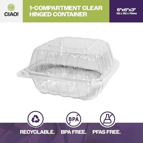 CIAO! 6"x6"x3" 1 Compartment PP Plastic Clear Hinged Container for Take Out (Case of 300) - Image 2