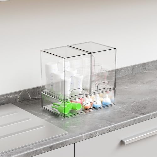 Yieach 3 Set Baby Bottle Organizer for Countertop,BPA Free Bottle Station Organizer for Breast Pump Parts,Pacifier and Baby Accessories,Clear Stackable Storage Drawers and Home Edit Storage Containers - Image 2