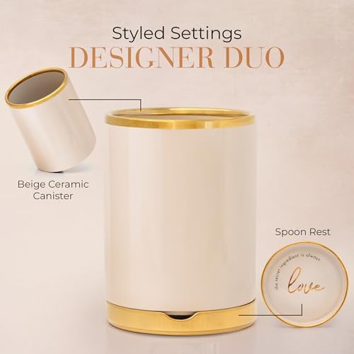 STYLED SETTINGS Beige Utensil holder, Beige & Gold | Ceramic, Cooking Utensil Storage & Gold Spoon Rest, Kitchen Organization & Farmhouse Décor - Image 2