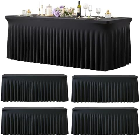 4 Pack 8ft Black Spandex Tablecloths for Rectangle Tables Wrinkle Free Black Rectangle Table Cloths, Stretch Fitted Table Cover with Skirt for Wedding Birthday Party Banquet Baby Shower Buffet Event by Suppromo