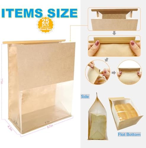 BIUBIU 25ct 8.7×4.3×11inch Thicker Large Bread Bags for Homemade with Window & Twist Tie - Ideal for Sourdough Bread, Loaf, Bakery, Pastry & Baked Goods, Brown Paper with Flat Bottom & Stand Up - Image 3