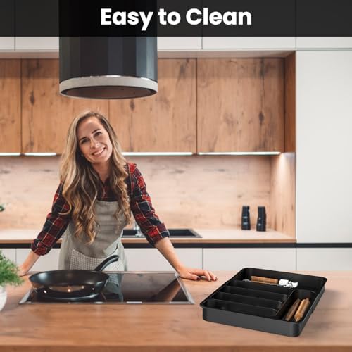 Cutlery Drawer Organiser, Extendable Kitchen Drawer Organiser Storage Trays, Compact Plastic Cutlery Tray for Knives, Forks and Spoons, Large (Black) - Image 6
