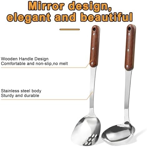FJNATINH Stainless Steel Wok Spatula and Ladle Tool, Mirror Polished Cooking Utensils Set Metal Wok Accessories with Wooden Handle,Easy to Clean Kitchen Utensils,Sliver - Image 2