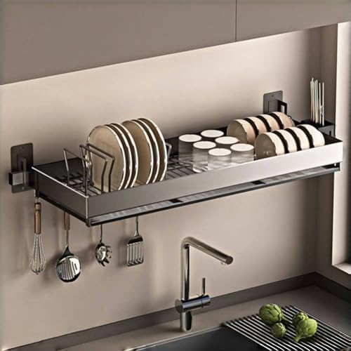 Wall-Mounted Stainless Steel Dish Drying Rack with Cutlery Holder,Hooks & Drainboard – Space-Saving Shelf for Plates,Bowls & Cups by ORNDYDM