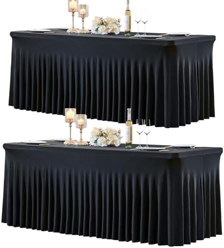 gogoparti 2 Pack Spandex Black Fitted Table Cloth for 6ft Rectangle Tables Black Stretch Tablecloth Table Covers Skirt Banquet Wrinkle Free Tablecloths for Parties Wedding by Gogoparti