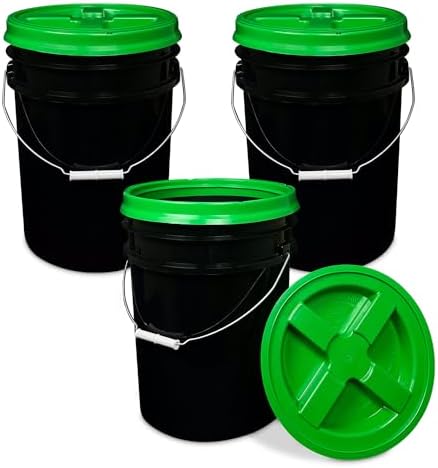 ePackageSupply 5 Gallon Bucket - Food Grade w/Lid BPA-Free, Black/Green, 3 | Airtight Gamma Seal Screw-On Lid, Heavy-Duty 90 Mil HDPE Plastic, Food Safe and Durable Container, Bulk Storage, Made in USA by ePackageSupply