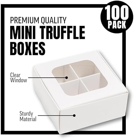 100 pcs White Mini Truffle Box for 4 Treats with Window and Dividers, Bakery Boxes, 3.5 x 3.5 x 1.57 Inches VERY SMALL Baking Boxes, Square Truffles Box for Gift Giving - Image 3