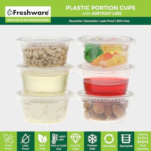 Freshware Plastic Portion Cups with Lids [2 Ounce, 200 Sets] Disposable Plastic Cups for Meal Prep, Salad Dressing, Jellos Shot Cups, Souffle Cups, Condiment and Dipping Sauce Cups - Image 2