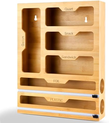 Bag Storage Organizer for Drawer, 6 in 1 Foil and Plastic Wrap Dispenser with Cutter, Bamboo Plastic Baggie Organizer for Gallon, Quart, Sandwich, Snack by Ecobunny