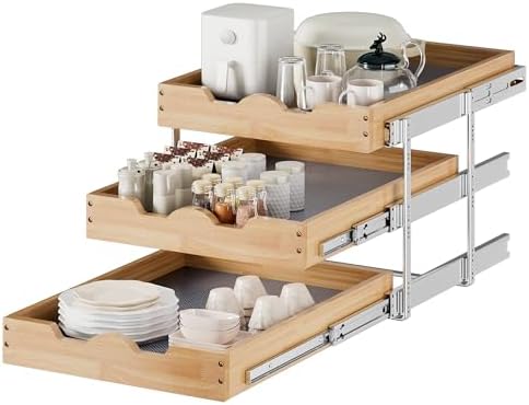 DINDON 3 Tier Pull Out Cabinet Organizer 20”W X21”D Slide Out Shelves With Shelf Liner for Kitchen Wood Roll Out Drawers Pantry Organization by DINDON