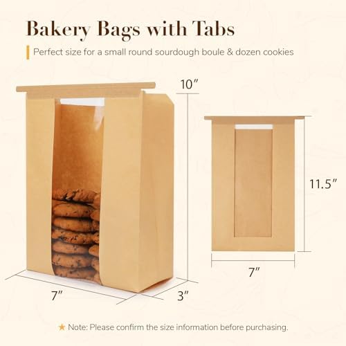 100 Pack Small Paper Bread Bags for Homemade Sourdough Bread, 7x3×11.5 Inches Resealable Tin Tie Tab Bakery Bags with Window for Half Loaves, Round Sourdough and Dozen Cookies - Image 2