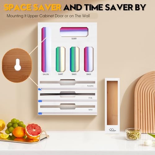 9 in 1 Foil and Plastic Wrap Dispenser with Cutter, White Bamboo Ziplock Bag Organizer for Drawer - Holds Gallon, Quart Bags & Aluminum Foil/Wax Paper, Wall Mountable Kitchen Storage - Image 4