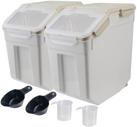 Large Flour Storage Container Bin 25lb, 2Pack Airtight Rice Storage Containers with Wheels Seal Locking Lid, BPA Free with Measuring Cup&Scoop for Flour, Rice, Grain(Gray) by Qiveno