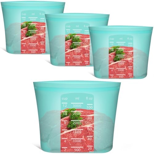 Reusable Food Storage Bags Extra Large, 0.8 Gallon/101 fl.oz/3000 ml, 4 Pack 100% Silicone Food Storage Bags Stand-Up Wide-Mouth Zip-Lock for Large Items, Freezer Microwave Oven Dishwasher Safe, Aqua by Annaklin