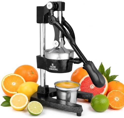 Cast Iron Juicer – Heavy Duty Manual Citrus Press | Hand Juicer Squeezer for Orange, Lemon, Lime, Grapefruit & Pomegranate | Countertop Juice Press with Stainless Steel Cup & Removable Strainer, Black by CelticCoastal