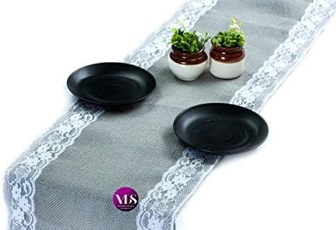 VDS Pack of 12, Burlap Table Runner with White Lace Edge, 100% Natural Jute Rustic Hessian Table Cloth Centerpiece for Wedding Birthday Party Banquet Table Decoration (Size 12X108 Inch)(Silver Grey) by VDS