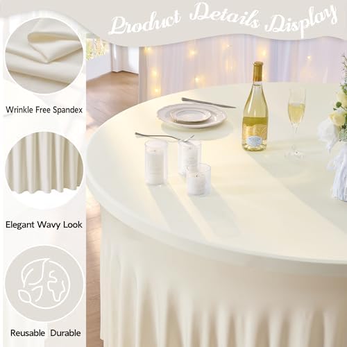leegleri 10 Pack 60Inch Ivory Spandex Round Tablecloths, Stretchy 120inch Fitted 5FT Round Table Cloths, Wrinkle Free Table Cover with Skirt for Wedding Party Dining Banquet - Image 2