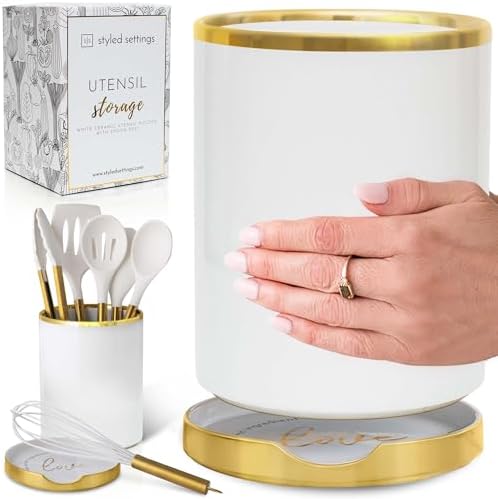 STYLED SETTINGS White Utensil Holder with Built-In Ceramic Spoon Rest | 2-Piece White and Gold Spatula Holder, Kitchen Accessory, Utensils Not Included, White & Gold by STYLEDSETTINGS