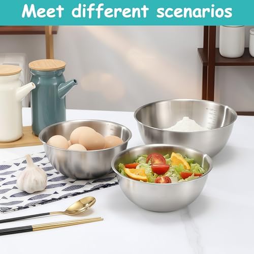 12 Pcs Stainless Steel Mixing Bowls with Graduations, Metal Serving Salad Bowls, Reusable Baking Food Storage Containers for Baking, Cooking, Making Salads, Soups, Ice Cream, Noodles, cereal - Image 2