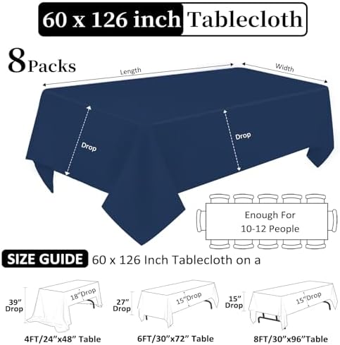 8 Pack Navy Blue Tablecloth Rectangle 60 x 126 Inch for 8 Foot Tables - Image 2