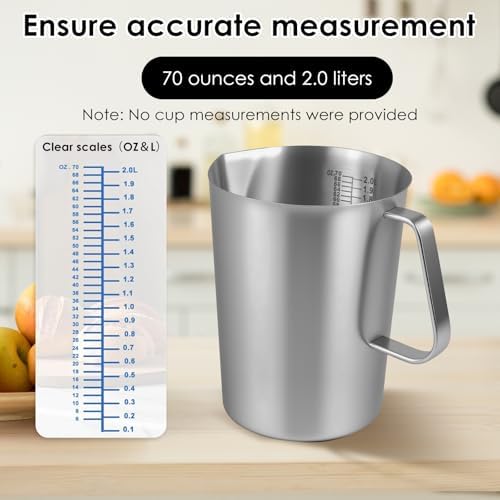 2 PCS 2 L/ 70 oz Large Stainless Steel Pitcher with Lid, Metal Measuring Cup with Handle & Scales, Wide Mouth Graduated Beakers, Milk Frothing Jug Metal Pitcher for Coffee Latte Art, Hot/Cold Water - Image 3