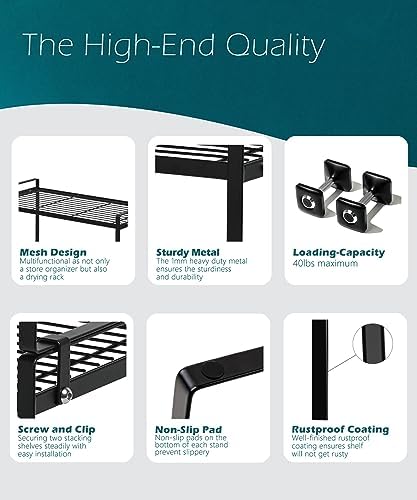 Shantton Cabinet Shelf Organizer, Pantry Shelf Rack, Black 16.1x10.6x7.3 | 2-Pack Stackable Metal Riser Holds 40LBS with Non-Slip Feet for Kitchen Pantry Bathroom Countertop Freezer Cupboard - Image 5