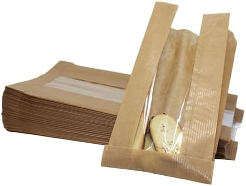 Bakery Bag with Window For Cookies or Pastries - 8.7 x 4.7 x 2 inches Brown Kraft Paper - Pastry Bagel - Sandwich - Trail Mix Bags (300) by EcoQuality