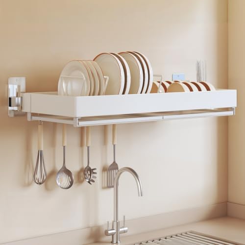 Wall-Mounted Stainless Steel Dish Drying Rack with Cutlery Holder,Hooks & Drainboard – Space-Saving Shelf for Plates,Bowls & Cups by Unknown
