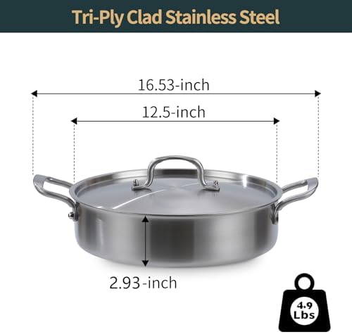 Yeksum Saute Pan with Lid, 5 Quart Tri-Ply Stainless Steel Saute Pan, 12inch Deep Frying Pan with Lid, Large Skillet, Rondeau Pot Compatible with All Cooktops Up to 600℉ - Image 3