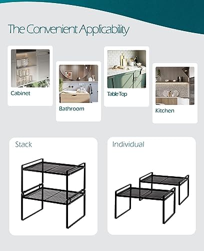 Shantton Cabinet Shelf Organizer, Pantry Shelf Rack, Black 13.1x10.6x7.3 | 2-Pack Stackable Metal Riser Holds 40LBS with Non-Slip Feet for Kitchen Pantry Bathroom Countertop Freezer Cupboard - Image 4