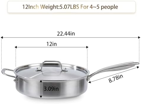 DELARLO 6QT Saute Pan Tri-Ply Stainless Steel Pan 12Inch Deep - Image 4