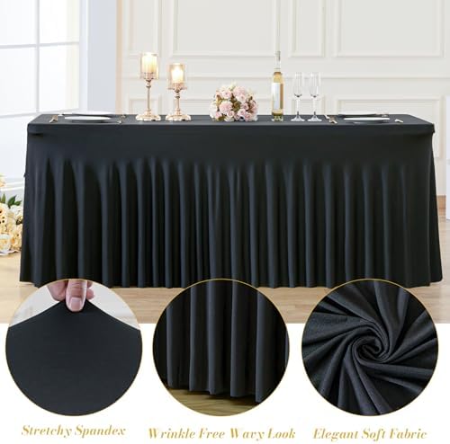 6 Pack Black Table Cloth for 6 Foot Rectangle Tables Spandex Fitted Tablecloth 6ft Stretch Table Covers Skirt Black Banquet Tablecloths Wrinkle Free Tablecloth for Party Wedding Birthday Event - Image 5