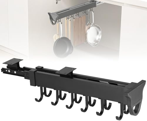 Homaisson Pull Out Hanging Pot Rack, 12-Hook Extendable Sliding Rail Organizer, Metal Pull Out Pan Rack for Under Cabinet, Adjustable Pot Pan Organizer, Multi-Use for Cupboard Closet by Homaisson