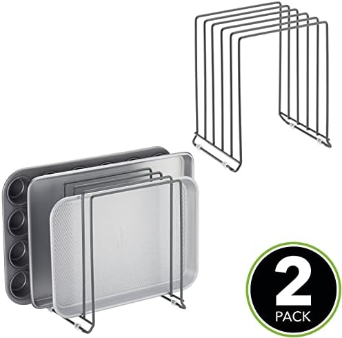 mDesign X-Large Steel Storage Tray Organizer Rack for Kitchen Cabinet, Divided Holder - 5 Slots for Skillets, Frying Pan, Pot Lids, Cutting Board, Baking Sheets, Concerto Collection, 2 Pack, Dark Gray - Image 2