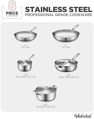 Stainless Steel Cookware Set, 8 Pcs Tir-Ply Pots and Pans Set, PFOA&PTFE Free, Dishwasher&Oven Safe, Kitchen Induction Compatible, ollas de acero inoxidable para cocinar - Image 3