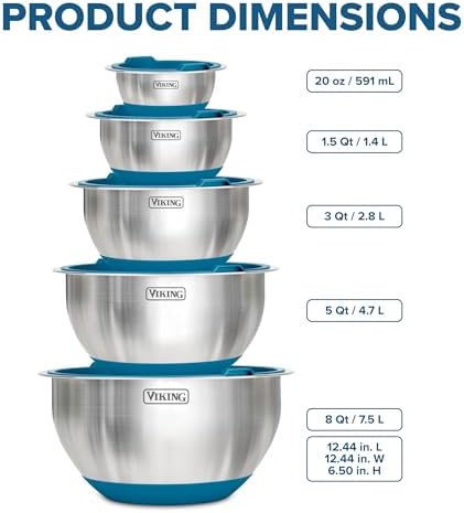 Viking Mixing Bowls Set, 10 Piece Stainless Steel Kitchen Cookware, Non-Slip Silicone Base, Includes Tight Fit Lids, Dishwasher Safe, Teal - Image 5