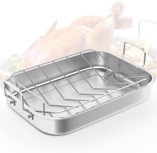 Sunvivi 15.6'' Roasting Pan with V-Shaped Rack, Rectangular Lasagna Pan with Handle, Non-Stick Stainless Steal Roaster for Turkey, Chicken, Vegetable, Lasagna, Heavy Duty & Dishwasher Safe by WeGetLife