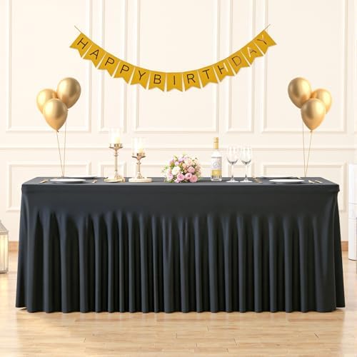 2 Pack 6ft Black Spandex Tablecloths for Rectangle Tables Wrinkle Free Black Rectangle Table Cloths Stretch Fitted Table Cover with Skirt for Wedding Birthday Party Banquet Baby Shower Buffet Event - Image 2