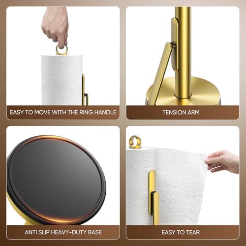 theaoo Heavy-Duty Paper Towel Holder with Tension Arm, Countertop(1, Gold) - Image 5