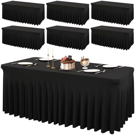 PARTISKY 6 Pack Black Spandex Table Cover with Skirt - 6ft Rectangle One-Piece Stretch Tablecloth for Wedding, Banquet, Birthday Party, Trade Shows & Foldable Tables by Partisky