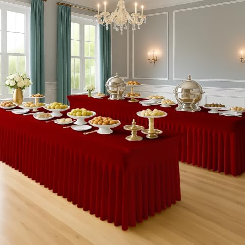 Deep Dream 4 Pack Red Spandex Table Covers 4 Foot, Fitted Stretch Tableclothes 24x48 Inch, Wrinkle Free 4FT Fitted Table Clothes with Skirt for Party, Banquet, Wedding and Events - Image 2