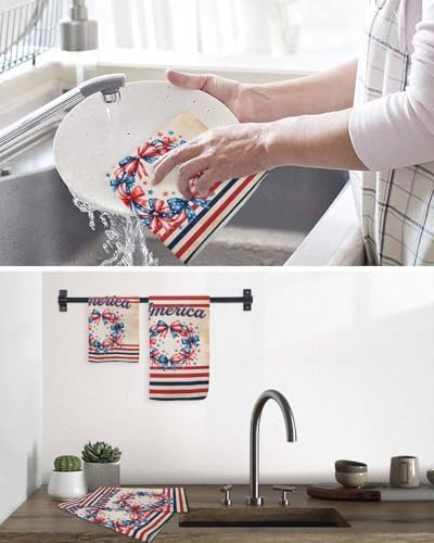 4th of July Hand Towels Set,Waffle Weave Kitchen Towels 2PCS,Country Patriotic USA Flag Bow Garland Stripes Microfiber Hair Face Bath Tea Towel Absorbent Quick Drying Cleaning Dish Cloths,15.7"x23.6" - Image 6