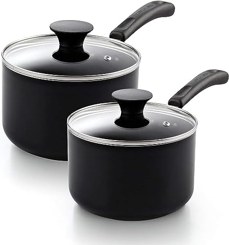 Cook N Home Basic 1 Quart and 2 Quart Nonstick Saucepan Set with Glass Lids, 2-Piece Non Stick Aluminum Sauce Pans, Multi-Purpose Milk Chocolate Cooking Pots with Stay-Cool Handles, Black by CookNHome