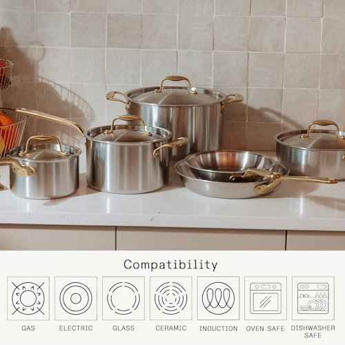 Made In Cookware - 10 Piece Stainless Steel Pot and Pan Set (Antique Brass Handle) - 5 Ply Clad - Includes Stainless Steel Frying Pans, Saucepans, Saucier and Stock Pot W/Lid - Crafted in Italy - Image 4