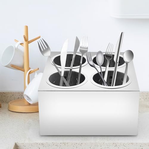Stainless Steel Utensil Holder, Double Row 4 Holes Commercial Cylinder Flatware Silverware Utensil Holde, Countertop Silverware Organizer for Restaurant Hotel Buffet - Image 2