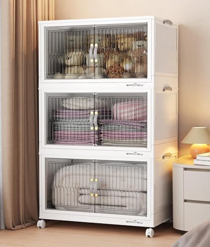 BROVIEW 240Qt Stackable Storage Bins with Lid, Extra Large Closet Organizer Collapsible Drawer Boxes with Wheels, Folding Plastic Cabinet Containers for Home Kitchen Room Organization, 3Pack White by BROVIEW-EnjoytheArtofLife