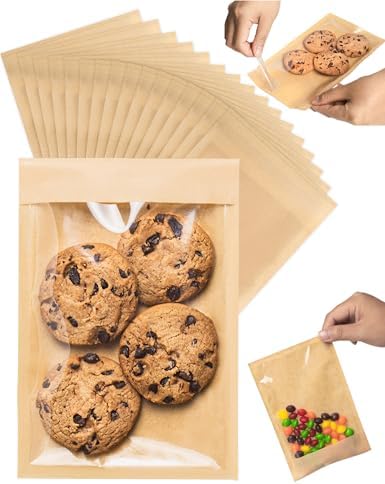 100 Pack Self Sealing Cookie Bags with Seal, 4x6 Inch Cookie Bags with Window for Gift Giving, Grease Resistant Bakery Treat Packaging for Candy, Snack, Scone, Brownie, Small Pastries and other Treats by GOULIKFUL