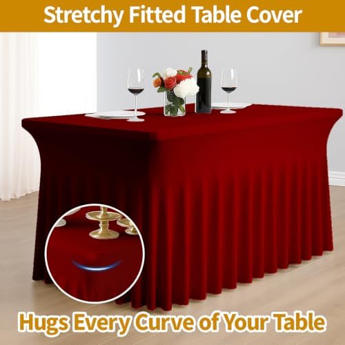 Deep Dream 4 Pack Red Spandex Table Covers 6 Foot, Fitted Stretch Tableclothes 30x72 Inch, Wrinkle Free 6FT Fitted Table Clothes with Skirt for Party, Banquet, Wedding and Events - Image 3